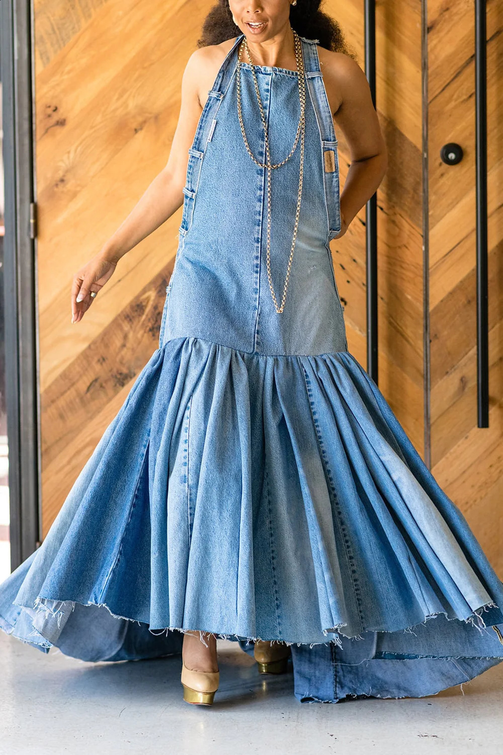 Plus Size Blue Daily Denim Ruffles Halter Maxi Dress 240820