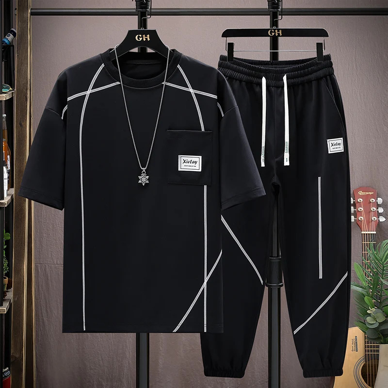 Summer Casual Mens Sets Short Sleeve T-Shirts And Full-Length Pants Two Piece Set Clothing Outwear Tops Tees Tracksuit 240821