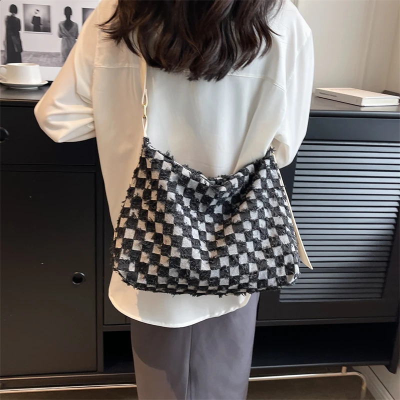 Checkered Womens Bag Jeans Eco Bag Korean Shopping Denim Shoulder Cross Bag Large Messenger Bag Y2K PU Belt Satchel 240820