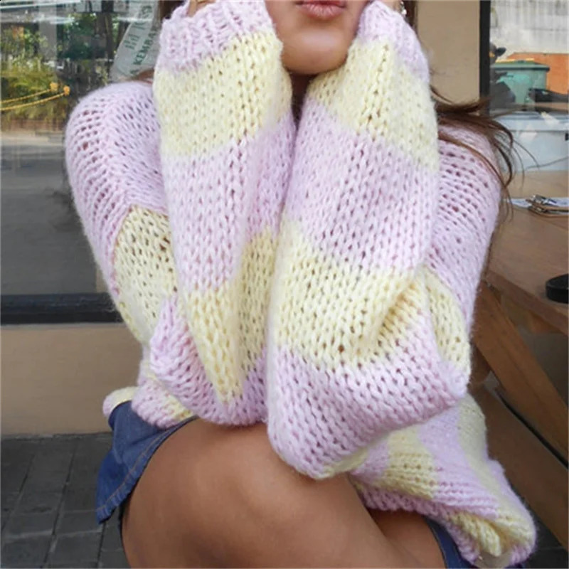 Y2k crochet knitted striped jumper womens white and blue sweater loose Oneck long sleeved zipper top autumnwinter streetwear 240821