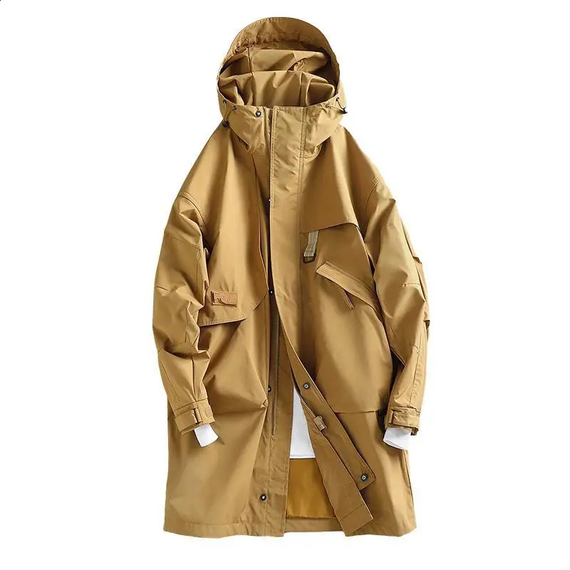 Chic Solid Long Trench Coat Jacket Men Cotton Autumn Spring Windbreaker Mid Length Hooded Jacket High-end Casual Outerwear 240820