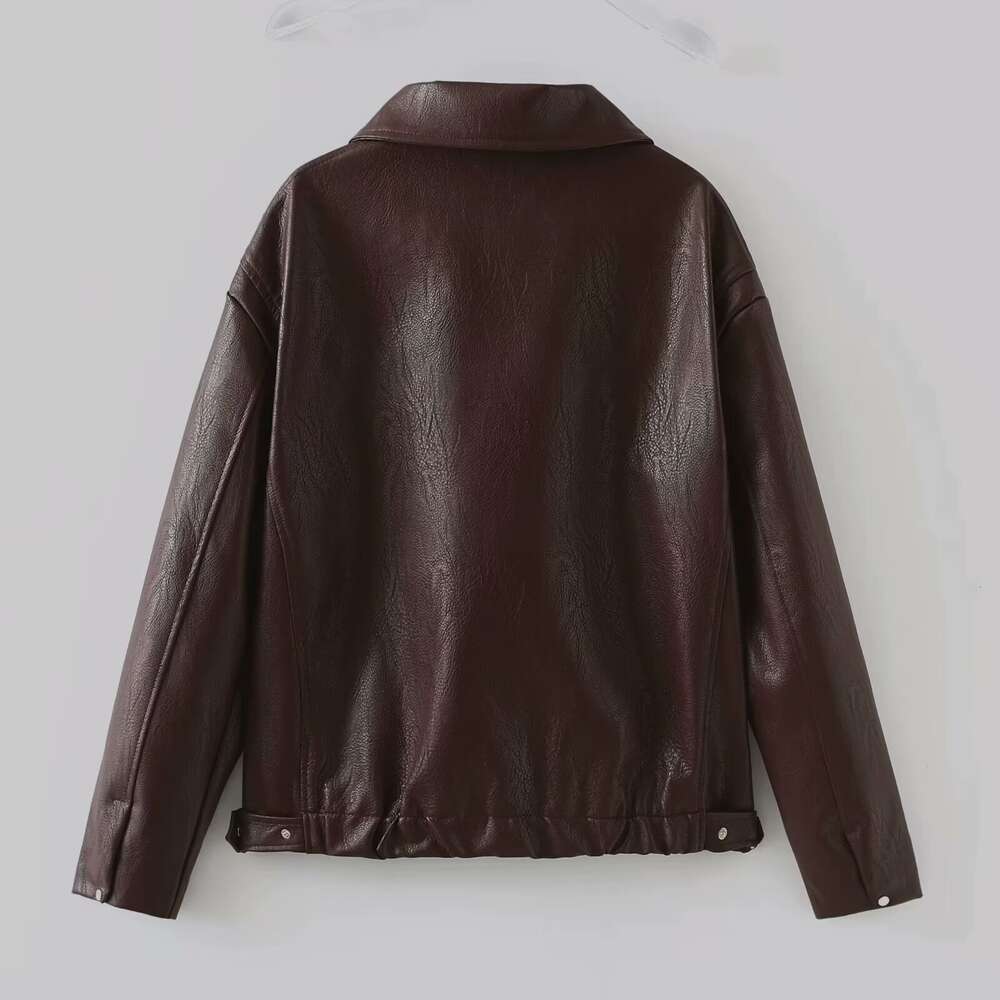 23218 lapel zipper American casual leather jacket, women's coat
