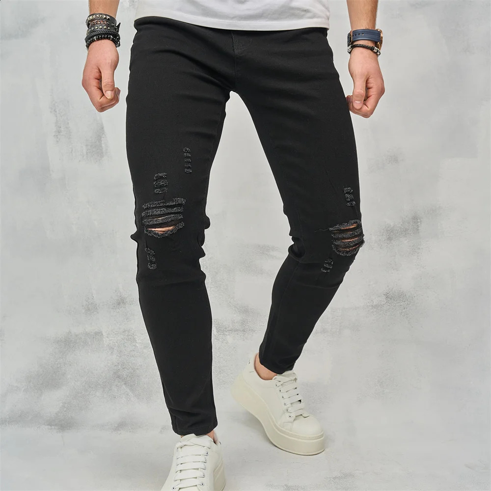 Men High Street Ripped Hip Hop Stylish Skinny Jeans Male Trousers High Quality Holes Casual Cotton Pencil Denim Pants 240821
