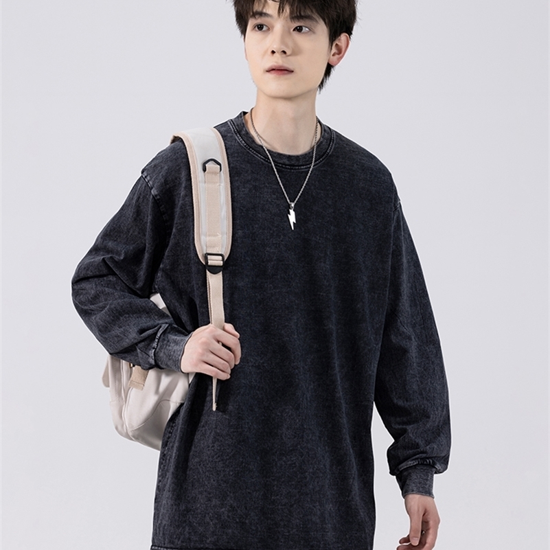 260G Heavy Cotton Washed T Shirt Men Autumn High Street Oversized Tee Korean Stylish Loose Y2K Tops Long Sleeve Tshirts 240820