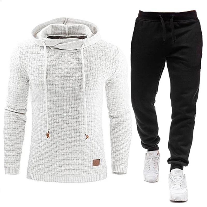 Comfortable Drawstring Outfit Mens Waffle Texture Hoodie Pants Set for Fall Winter Sports Solid Color Long Sleeves Sportswear 240821
