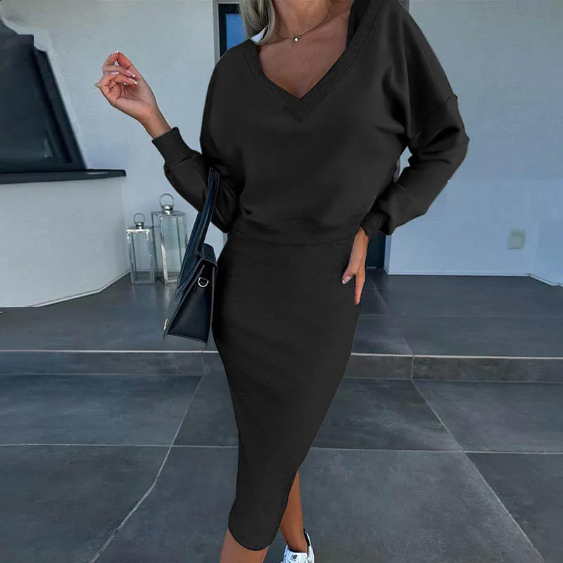 Fashion two piece Set Dress Womens Autumn Sexy V neck Long sleeve pullover top and skirts Two Piece Set dress 240820