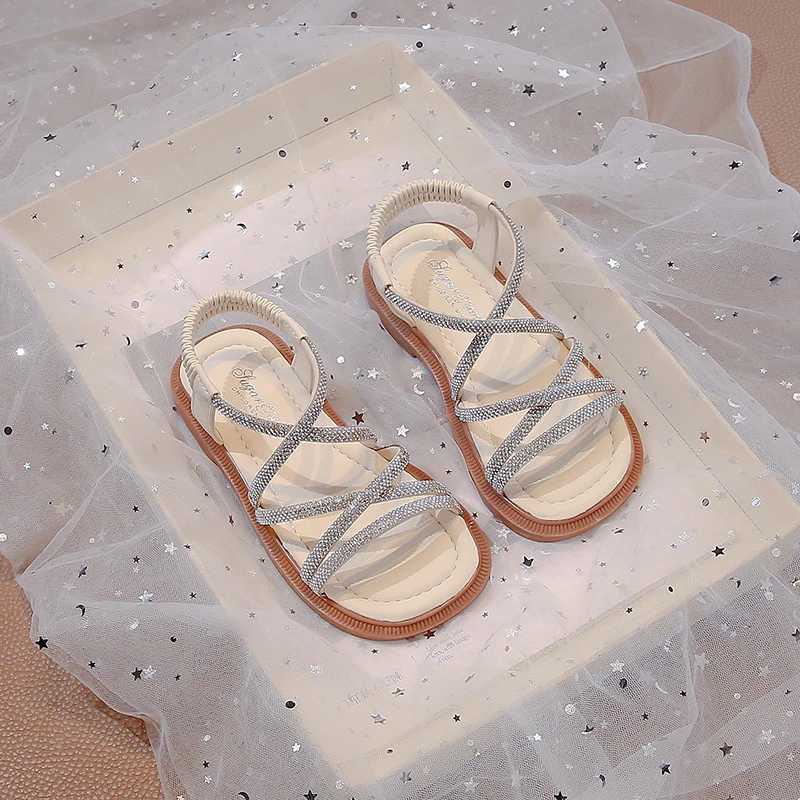 Beige/Black Girls Sandals with Buckle and Open Toes Anti slip sequins Summer PU Outdoor Girls Sandals Zapatillas Mujer W240821