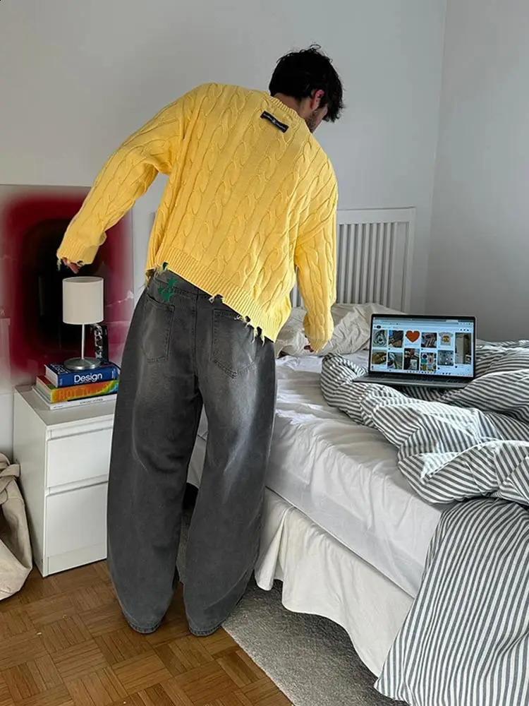 Casual Yellow Half Turtleneck Sweater Men Fashion Long Sleeve Tassel Knitted Pullover For Autumn Lazy Long Sleeve Knitted Jumper 240821