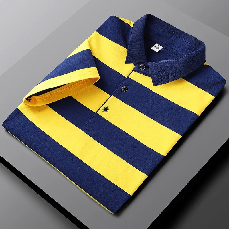 2024 Summer Style Mens Fashion Casual Work Slim Fit Cotton Polo Shirt Mens Thin Casual Striped Polo Shirt Short Large Size 240821