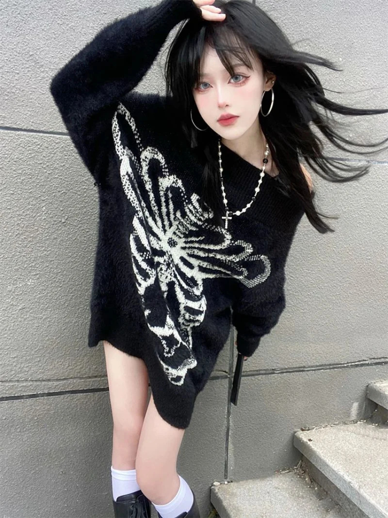 Womens Gothic Skull Printed Harajuku Sweater Knitwear Top Aesthetic Black Pulled Fashion Street Clothing Y2k 240821