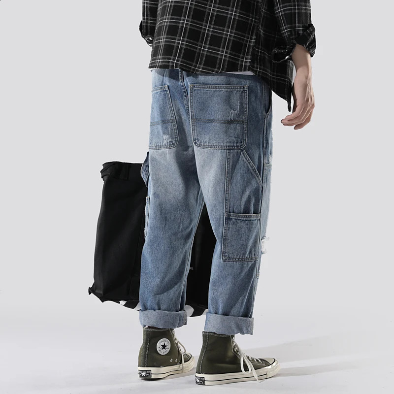 Y2K vintage high quality Harajuku mens jeans multi-generation biker ripped pants fashion loose Korean nine minute pants 240821