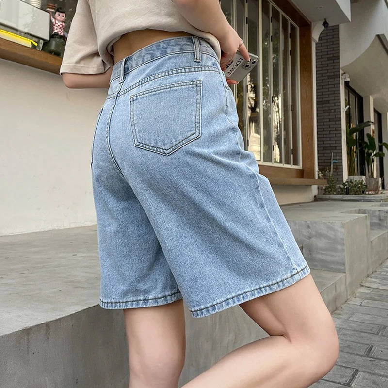 Korean Style Classic Denim Women Summer Blue High Waisted Wide Leg Pants Streetwear Stright Jeans Womens Shorts 240821