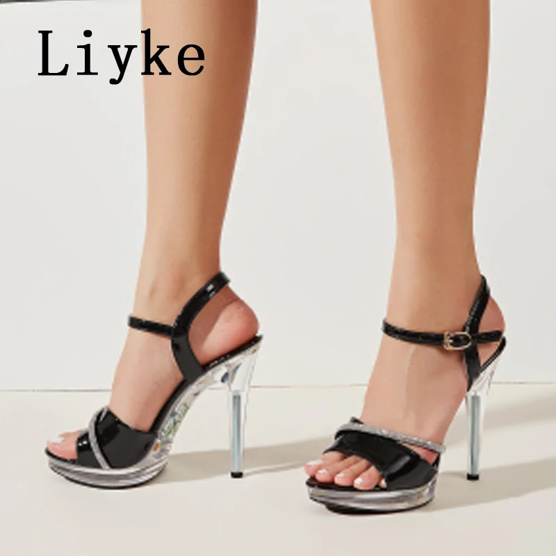 Liyke 2024 Fashion Crystal Narrow Band Open Toe Silver Sandals Women Wedding Banquet Shoes Platform High Heels Sandalias 240819