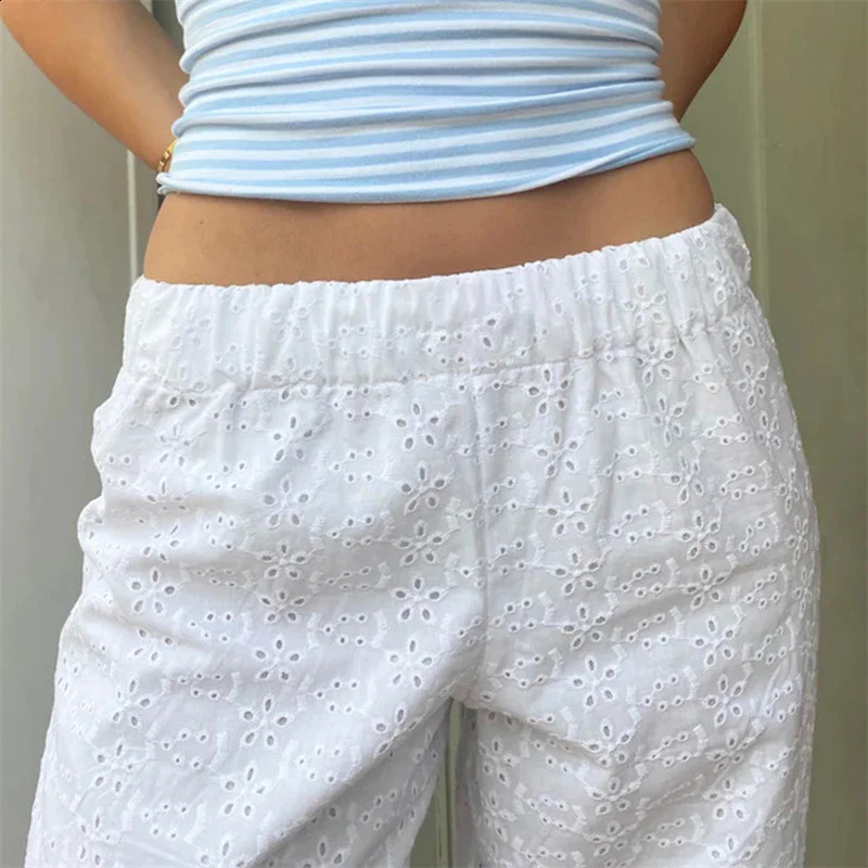 Lamuusaa y2k pants womens aesthetic clothing white hollow lace elastic low waist loose and mens 2000s streetwear 240821