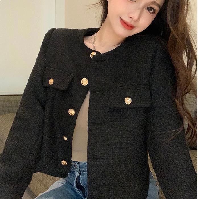 Women's Jackets Chic Tweed Coat Female Elegant O Neck Cropped Jacket Women Spring Fall Luxruy Korean Fashion pocket white Outwear Clothing 231010