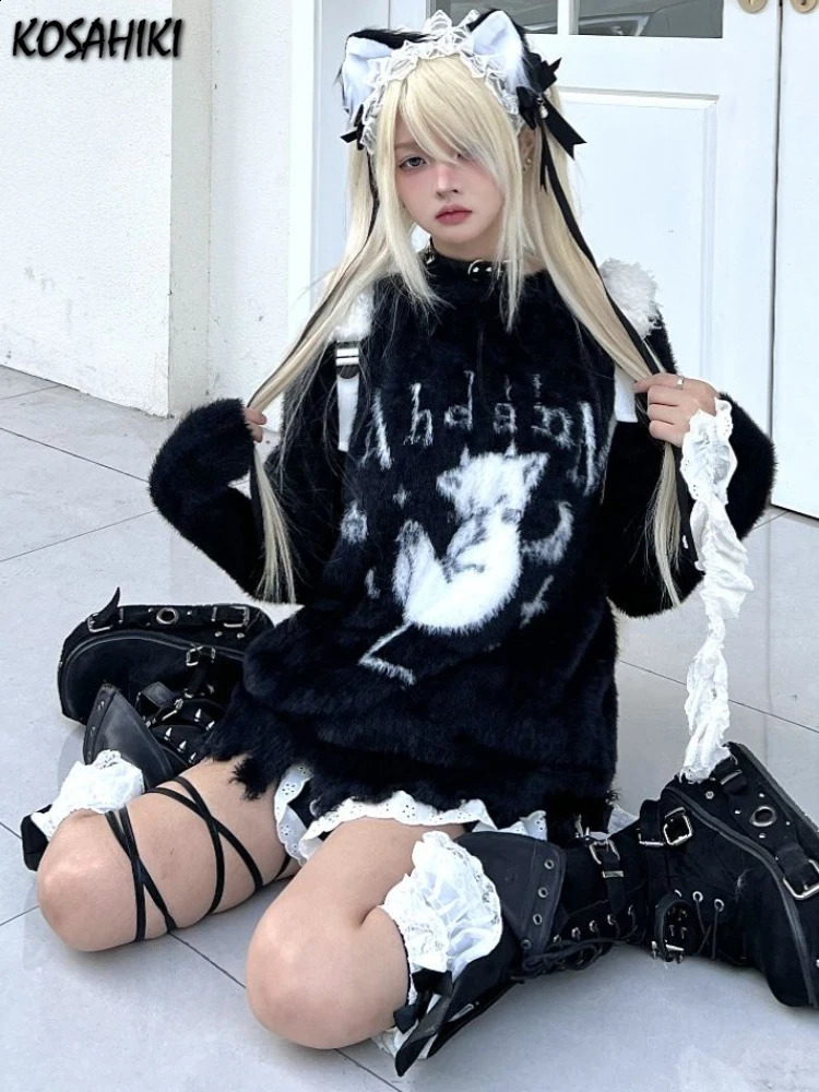 Gothic cartoon jacquard Kawaii sweater Y2K aesthetic loose knit pullout Harajuku Grunge casual fairy jumping womens top 240821