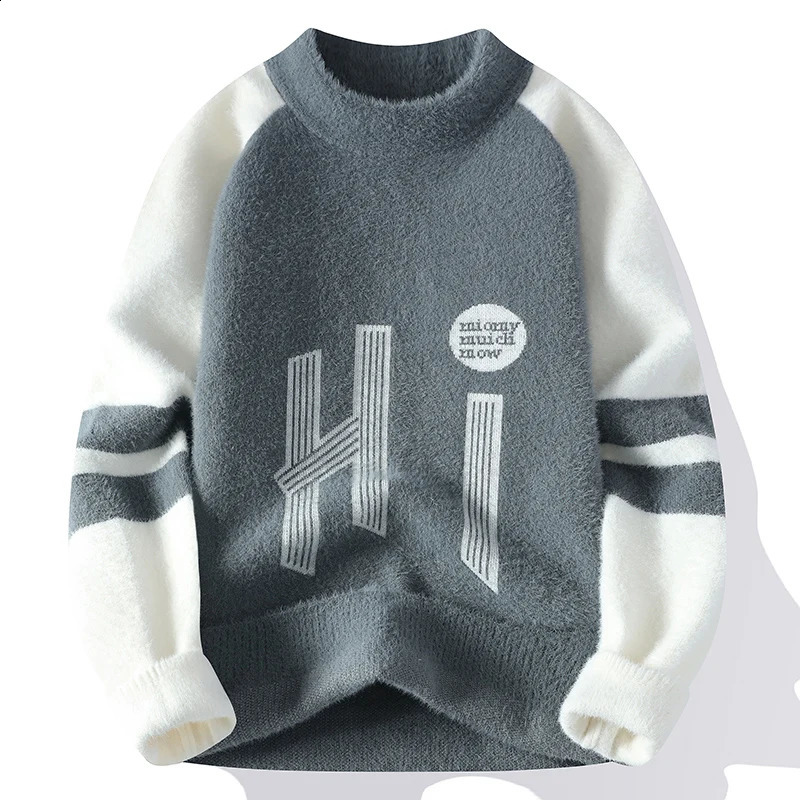 Mens Loose Autumn and Winter Pullover Round Neck Spliced Printed Sweater Fashion Casual Bottom Knitted Long Sleeved Tops 240821