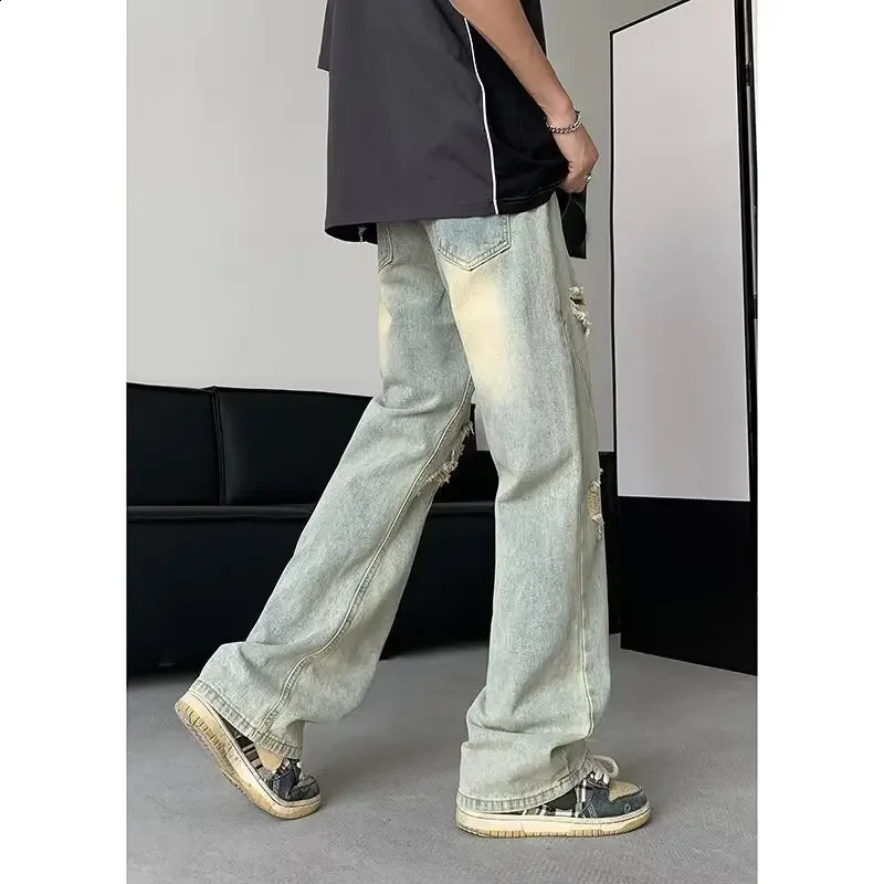 Vintage Wide-leg Jeans For Men Style Loose-fit Versatile Ripped n Sensibility Straight-leg Pants American Style 240821