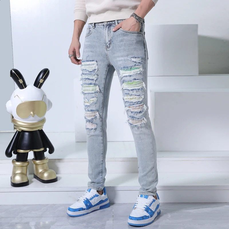 Trendy Versatile Ripped Pants Mens Jeans Fashion Street Korean Style Tight Stretch Soft and Comfortable Casual Pants 240821