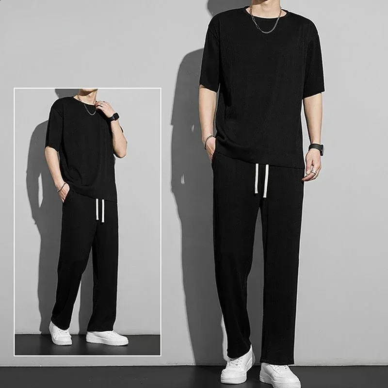 T Shirt Man No Sports Suits Grey Sweatshirt Smooth Mens Clothing Plain Top Tracksuit Pants Sets 5xl Elastic Matching Basic 240821
