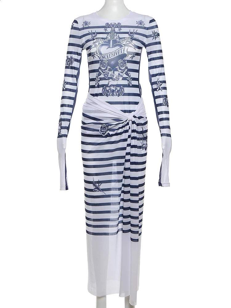 Weird Puss See Through Striped Women 2piece Hipster Print Long Sleeve TopsKnot Split Skirts Sexy Clubwear Matching Outfits 240821