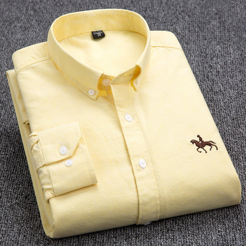 S-6XL Casual Pure Cotton Oxford Mens Shirts Long Sleeve Embroidery Horse Design Regular Fit Fashion Button Man White Dress Shirt Tops Outerwear