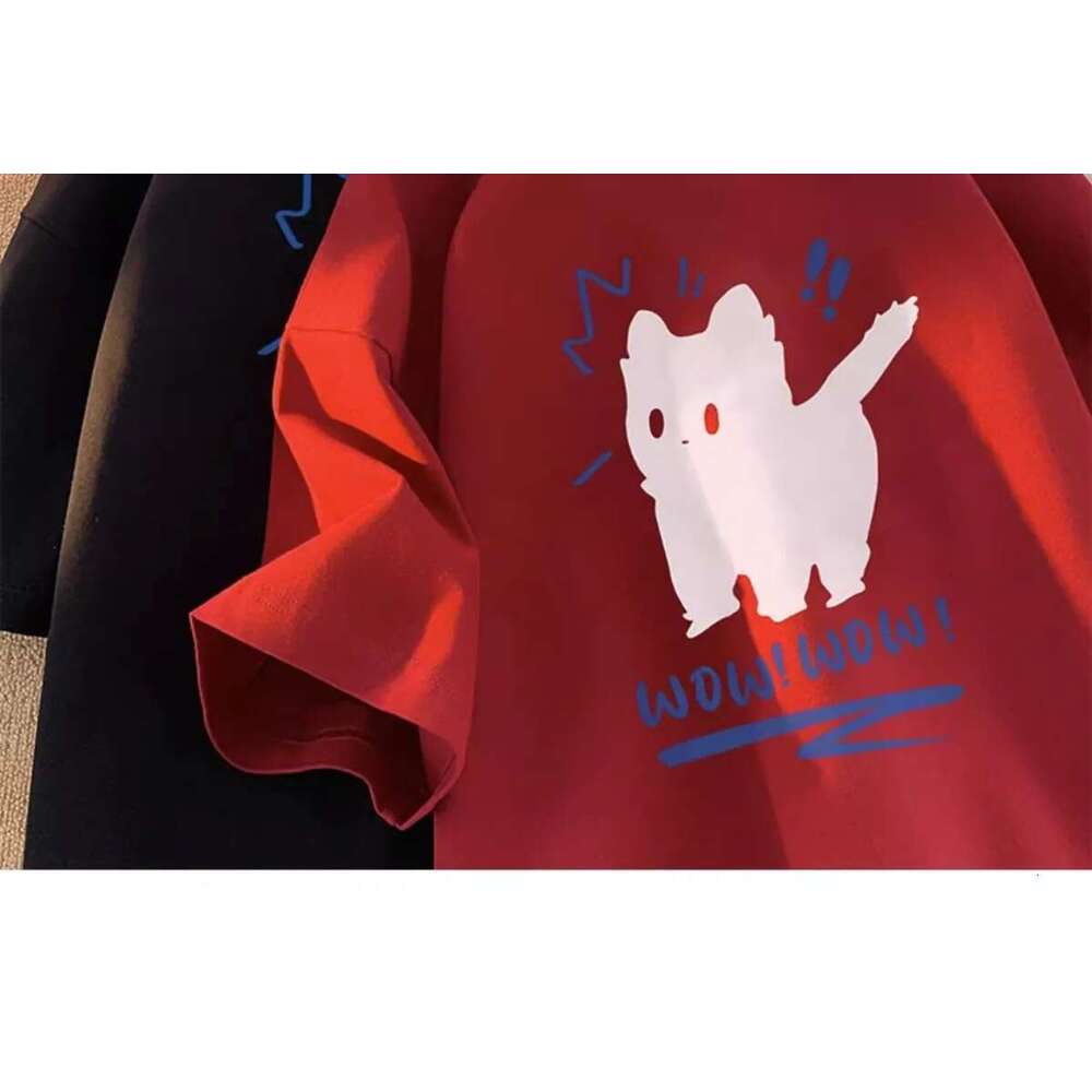 Summer 2024 Casual Retro Kitten Print Short Sleeved American Street Men and Women Loose Trend Graphic T-shirt Haruku