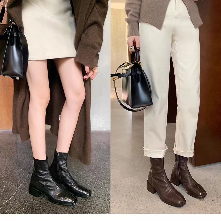 Ddmysports Grape Mom S Same Korean Square Eaded Washed Orse Skin Slim Short Boots With Eels And Thick Soles Small Ankle Women Autumn New Style OUTDOOR