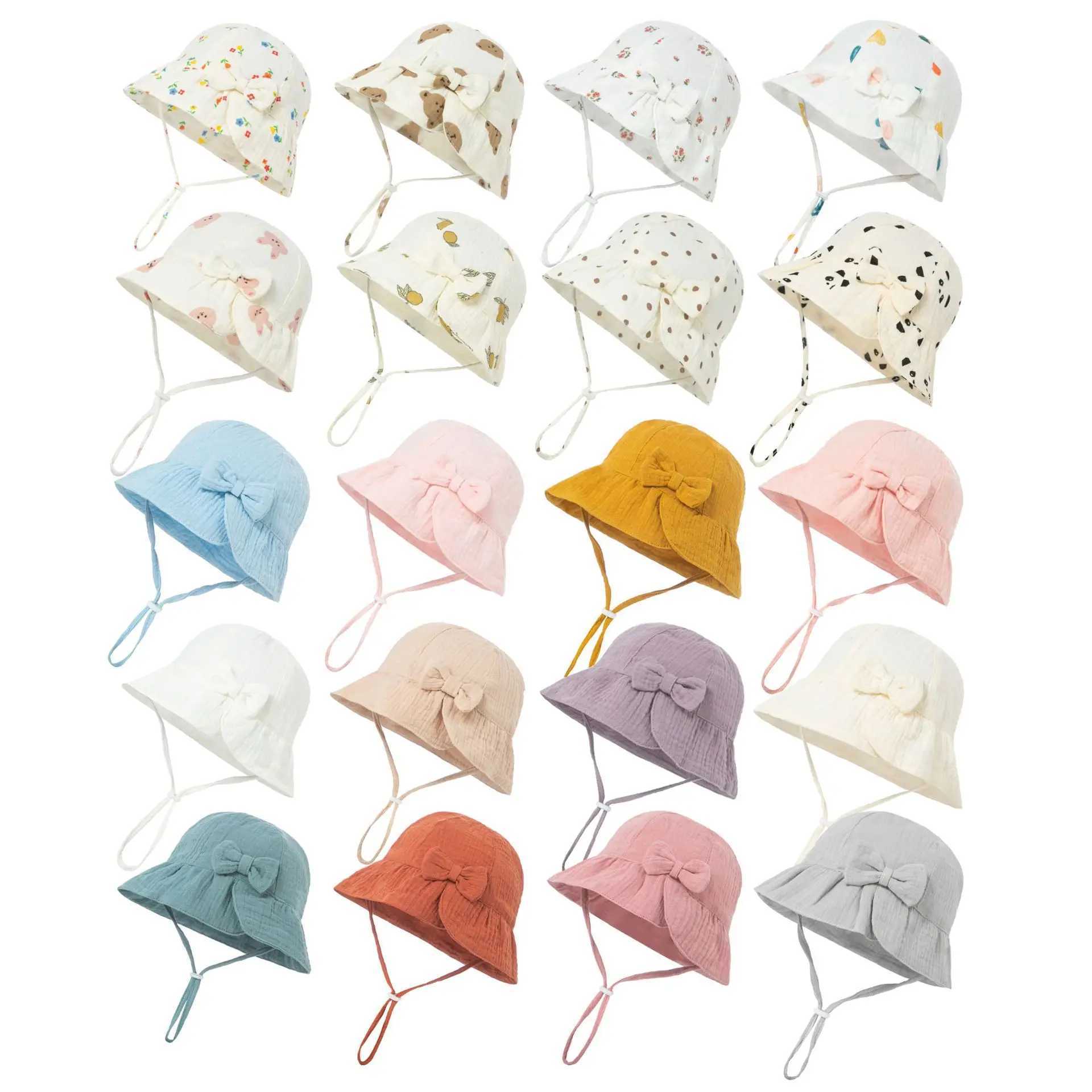 New Baby Cotton Bowknot Bucket Hat Children Sunscreen Outdoor Caps Boy Girl Print Panama Hat Unisex Beach Fishing Hat For 3-12M M240821