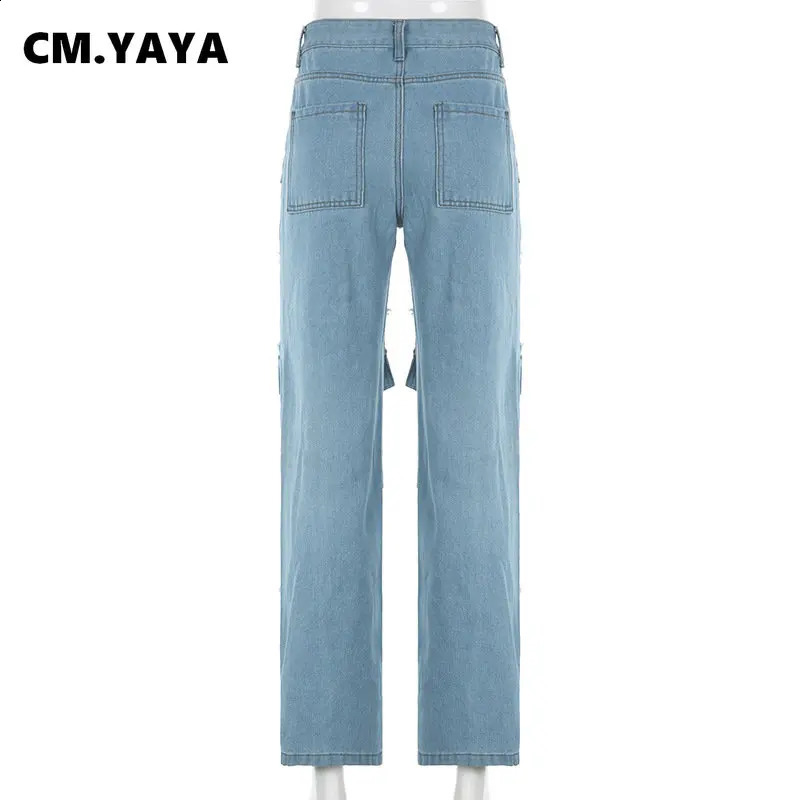 CMYAYA Women Ripped Hollow Out Tassel Pocket Front Safari Style Jeans Summer INS Strt Denim Pants Trousers Z260313