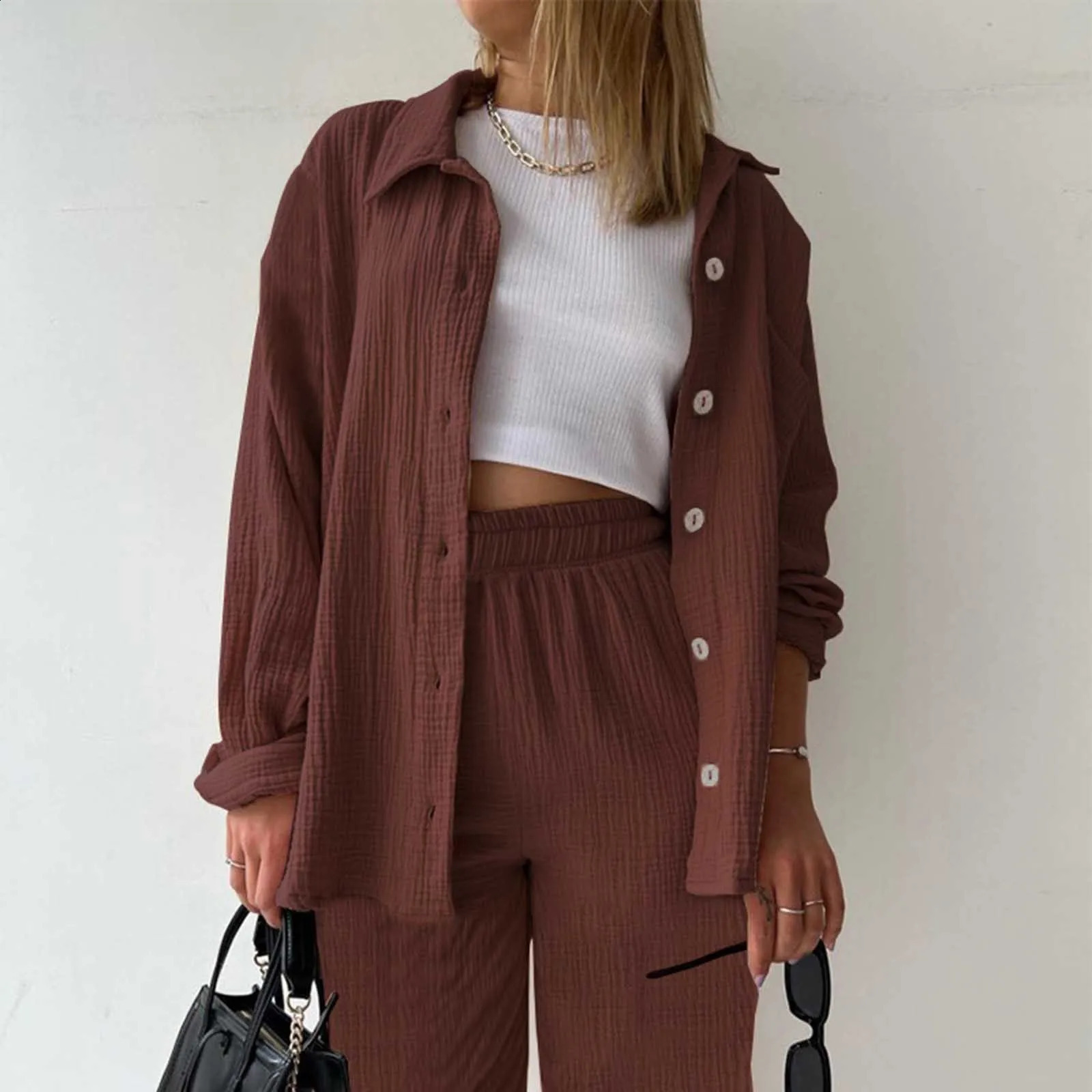 Womens Summer Muslin Blouse Shirt And Shorts Clothes Long Pants Autumn Outfit Set Two Piece Pant Suits 240820