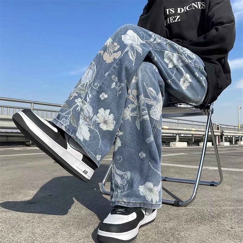 Printed Jeans Spring Korean Style Mens Floral Denim Pant High Street Loose Straight Couples Trousers baggy hosen herren 240821