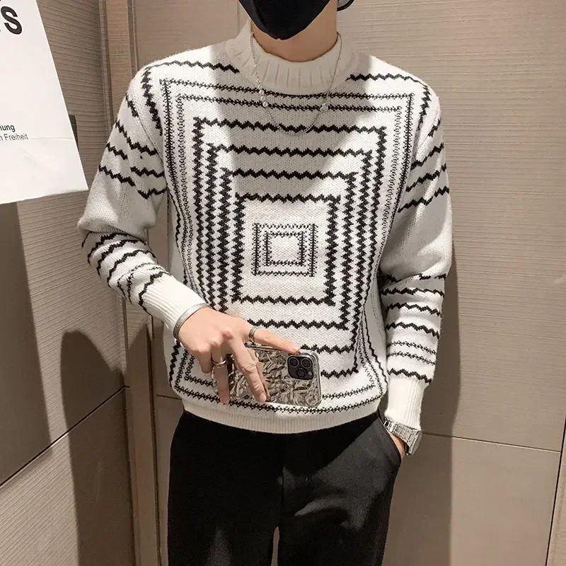 Man Clothes Graphic Knitted Sweaters for Men Pullovers Striped Half Collar Turtleneck White Korean Fashion Order Classic X 240821