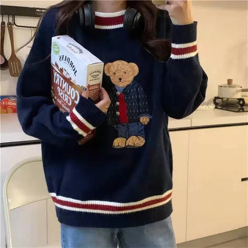 Harajuku Cartoon Bear Embroidery Knitted Pullover Autumn Winter Women Oversize Sweater Casual Thick Warm Sweet Kawaii Jumpers 240820
