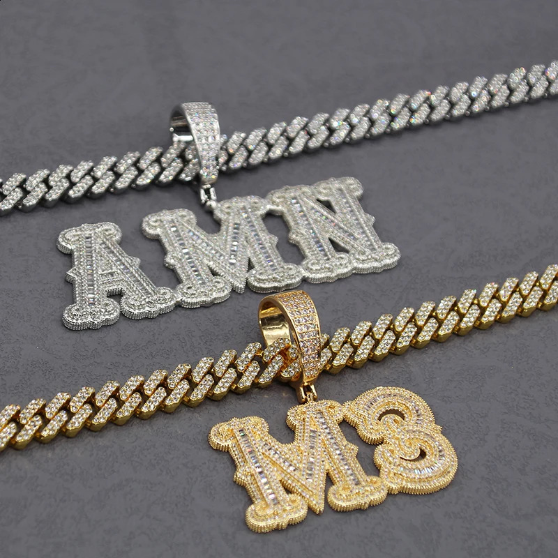 Customized name necklace with zirconia bagel letters and 12MM Cuban chain hip-hop pendant suitable for men women and hip-hop jewelry 240808