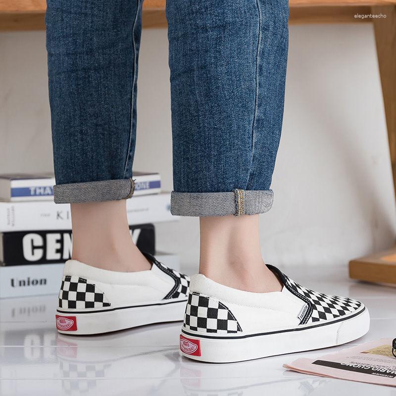 Casual Shoes Black And White Chessboard Plaid Canvas Summer Slip-on Lazy For Women Couple All-match Korean Style Student Single-layer
