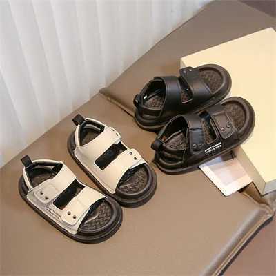 Childrens non slip soft sole black/beige leather sandals boys and girls 2024 summer new PU beach shoes size 26-36 W240821