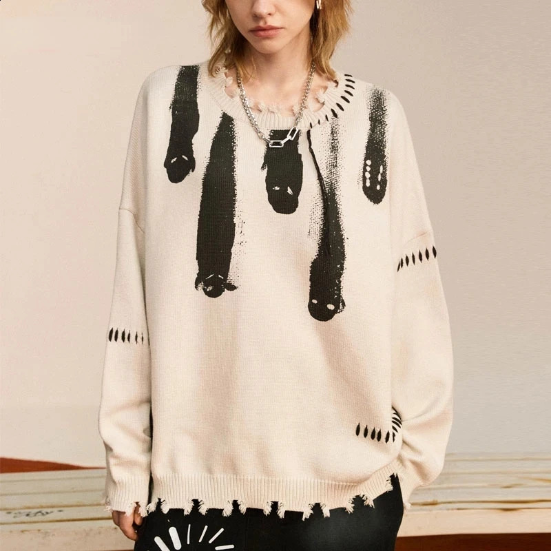 Streetwear Knitted Sweaters Men Hip Hop Y2K Grunge Ripped Ghost Print Gothic Jumpers Autumn Oversize Pullover Harajuku Sweater 240821