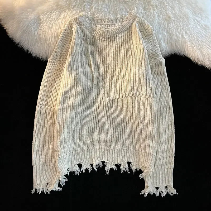 Knitted Sweaters for Men Solid Color Crewneck Man Clothes Pullovers Round Collar Plain with Holes Beige Torn Thick Winter Street 240821