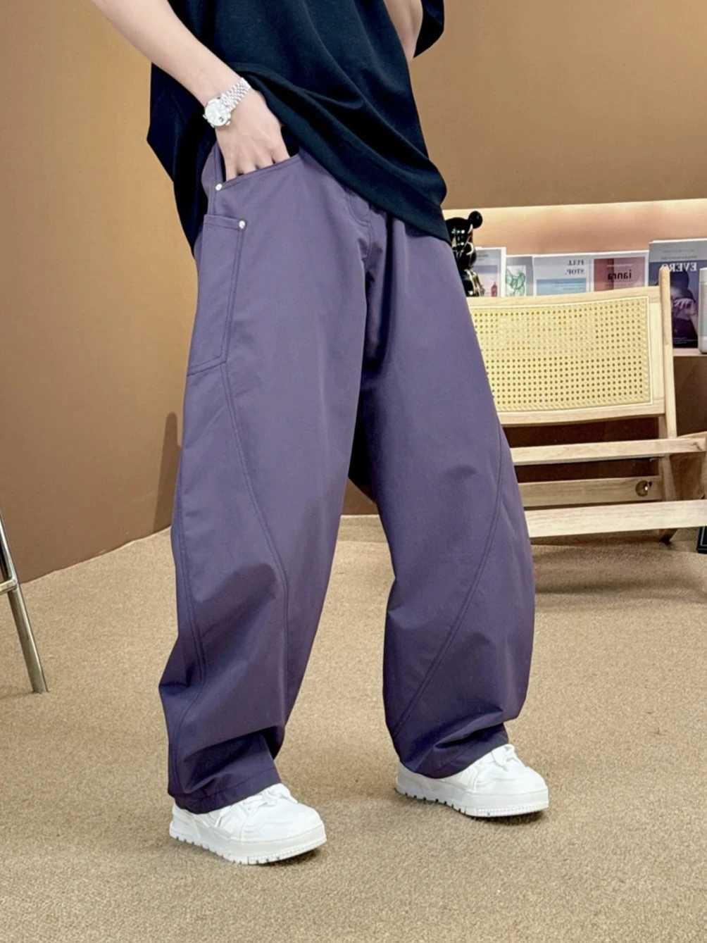 Summer pants mens minimalism and niche design casual pants mens 3D cutting large pockets wide legs curvesW240725