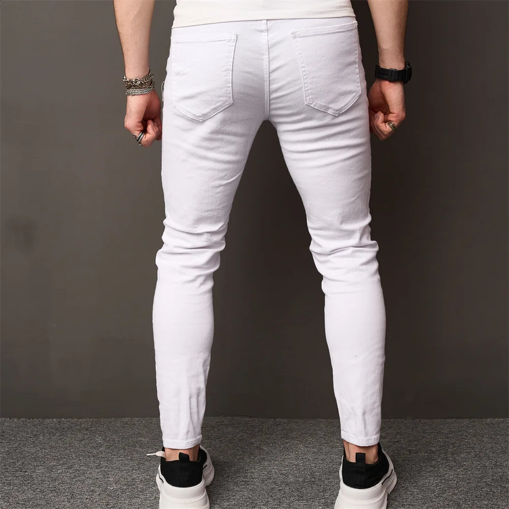 Streetwear Holes Skinny Jeans Stylish Men Stretch Slim Trousers Distressed Ripped Solid Male Casual Pencil Denim Pants 240821