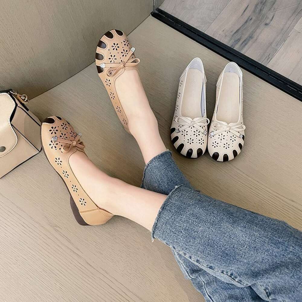 Ddmysports Mom S Soft Soled Bean Shoes Flat Bottom One Foot Pedal Shallow Mouth Hollow Out Breathable Pregnant Wear Casual Single For Women OUTDOOR