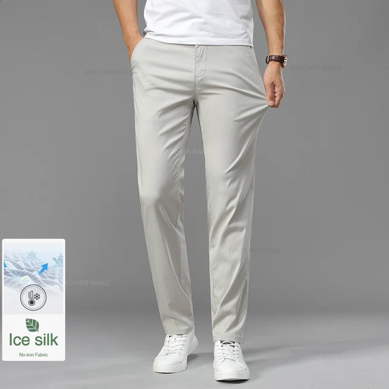 Summer Ultra-thin Mens Ice Silk Casual Pants Soft Comfortable Solid Color Elastic Business Straight Trousers Biege Khaki 240820