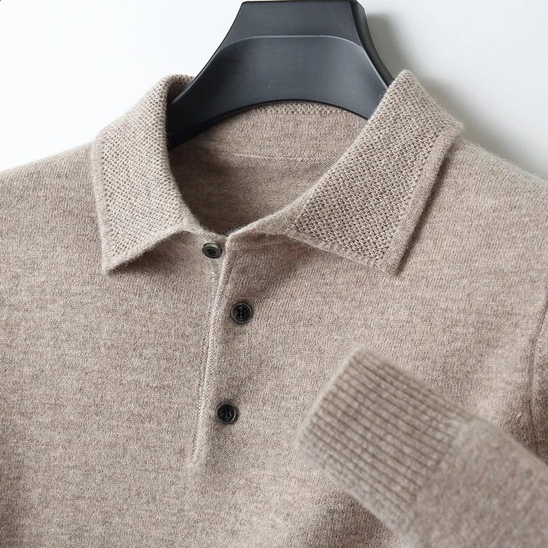 Cashmere sweater mens polo neck 100 pure cotton long sleeved Tshirt business casual brushed knit bottom w240824