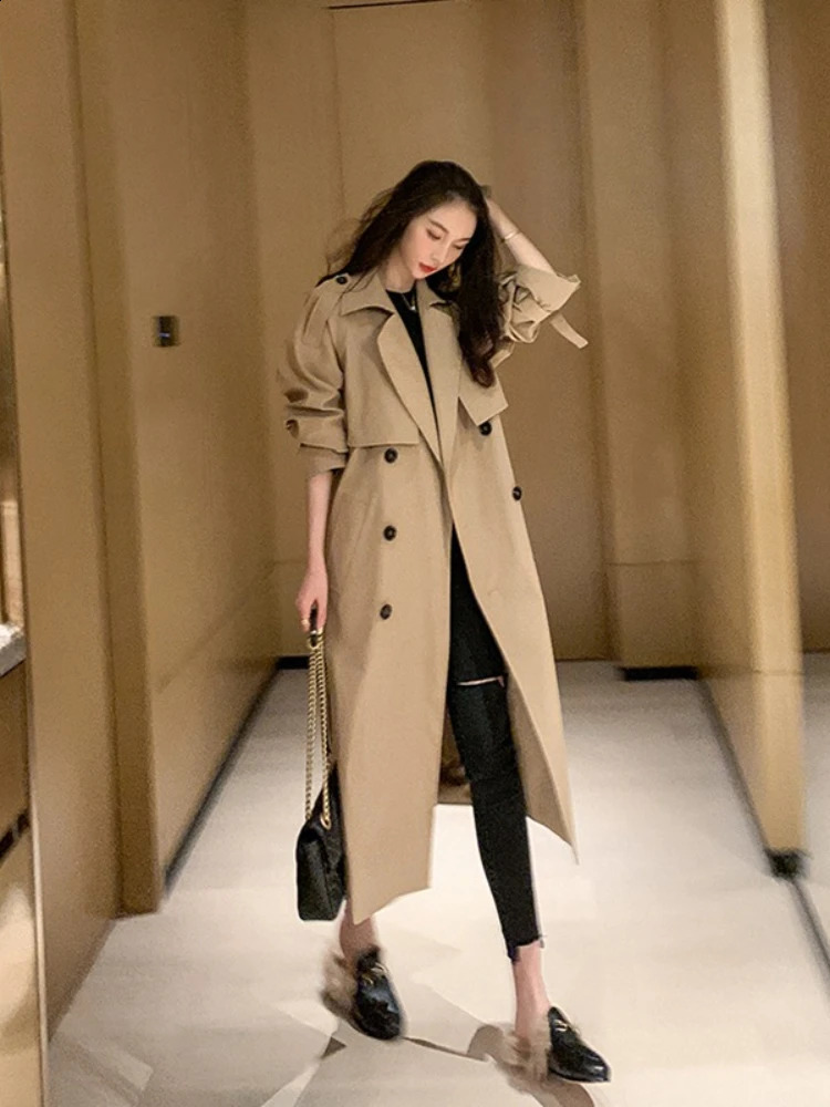 2023 Winter Jacket Trench Coat for Women Clothe Solid Color Lapels Double Row Buttons Long Windbreaker Ladies Work Tops 240820