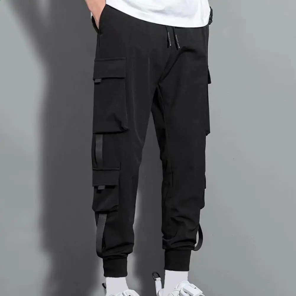 Streetwear Spring casual mens pants with multiple pockets cargo Harajuku ultrathin fit elastic waist for runners 240821