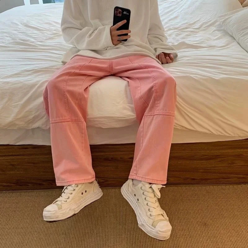 Summer Pink Jeans Men Fashion Retro Pocket Cargo Jeans Men Streetwear Hip Hop Loose Straight Denim Pants Mens Trousers S-3XL 240821