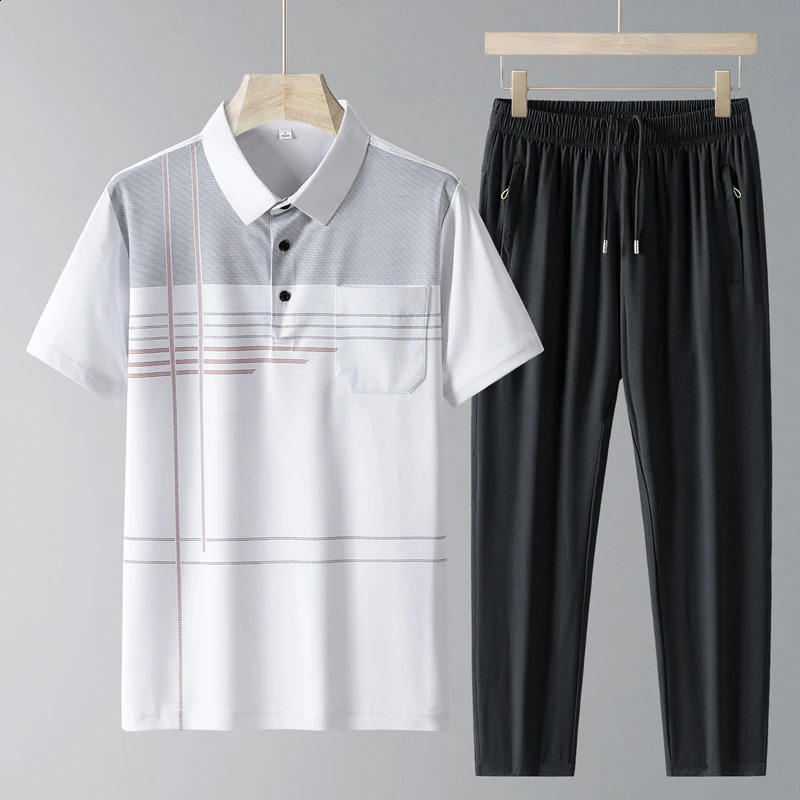 Simplicity Casual Summer Print Ice Silk Mens Lapel Button Pockets Loose Short Sleeve Tops Trend Elastic Waist Pants Sets 240821