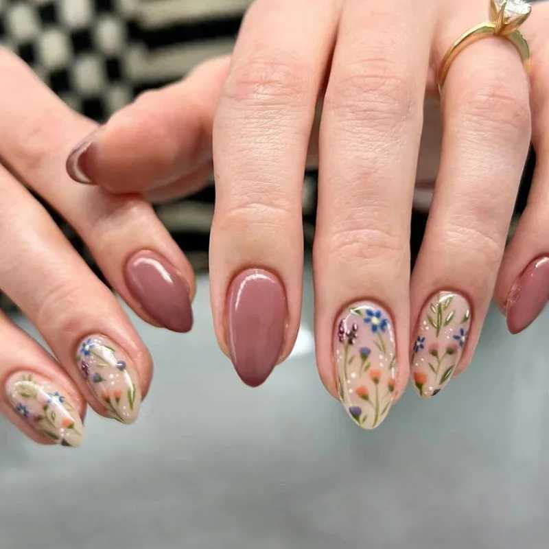 24Pcs Bright Yellow French Round Head False Nails Natural Leaf Design Fake Nails Long Almond Press on Nails Full Cover Nail TipsXJ241025