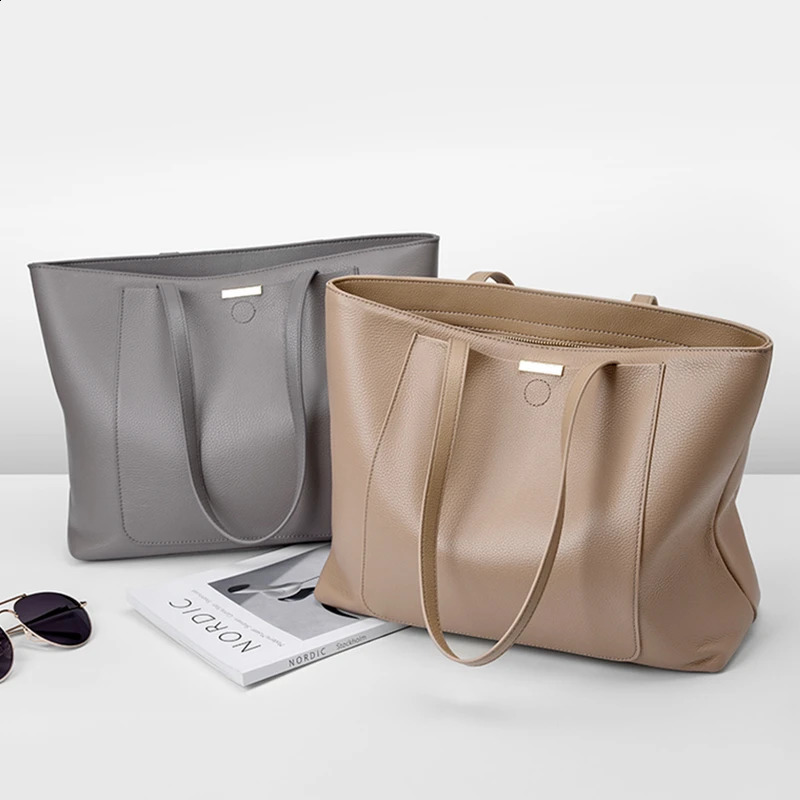 Toptrends 100% genuine leather shoulder bag for women trend ner laptop shopper handbag gray khaki 240820